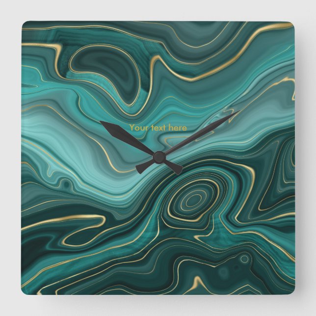 Teal and Gold Agate Personalised Square Wall Clock (Front)