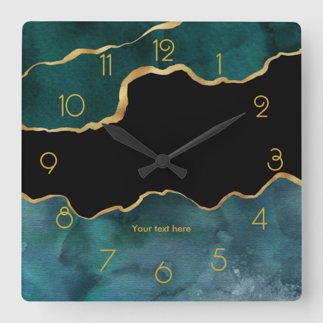 Teal and Gold Agate Personalised Square Wall Clock (Front)