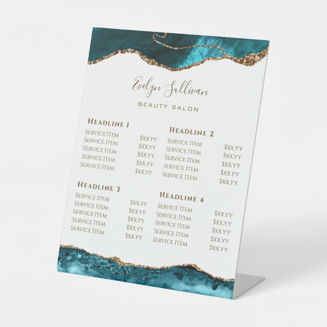 Teal and Gold Agate Price List Pedestal Sign (Front)