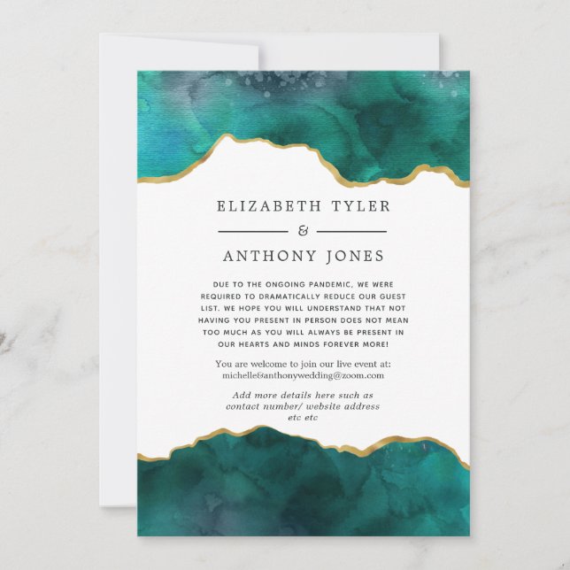 Teal and Gold Agate Reduced Wedding Guest List Announcement (Front)
