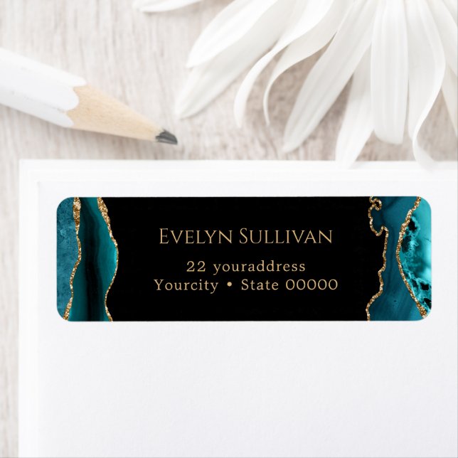 Teal and gold agate return address label (Insitu)