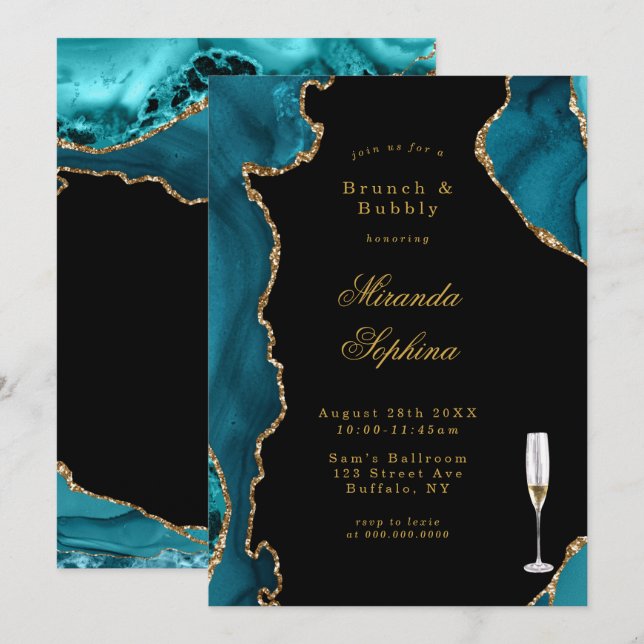 Teal and Gold Agate Stone Brunch & Bubbly Invites (Front/Back)