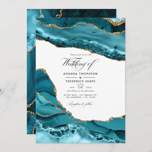Teal and Gold Agate Stone Wedding Photo Invitation (Front/Back)