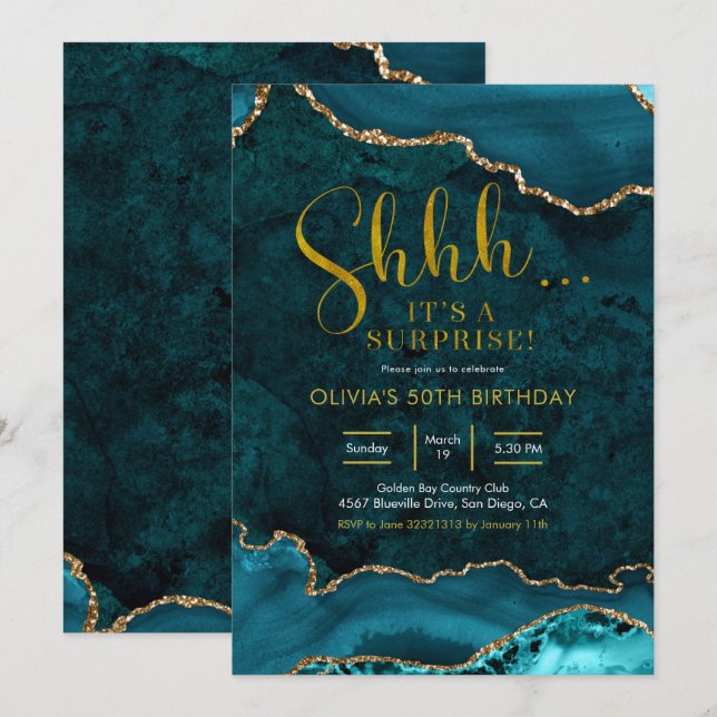 Teal and gold Agate Surprise Birthday Invitation (Front/Back)