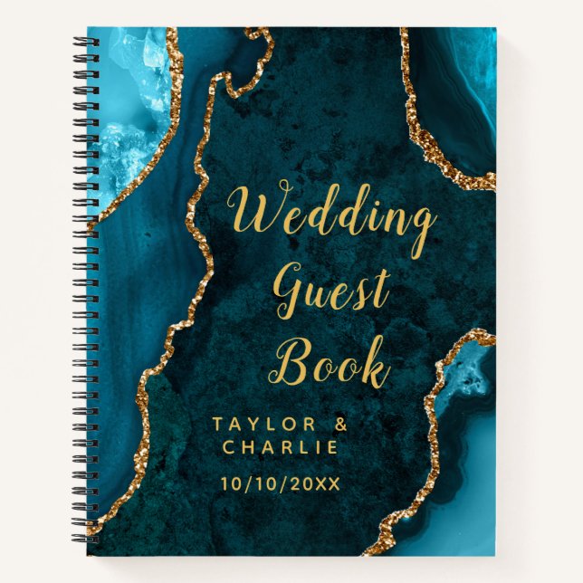 Teal and Gold Agate Wedding Guest Book (Front)