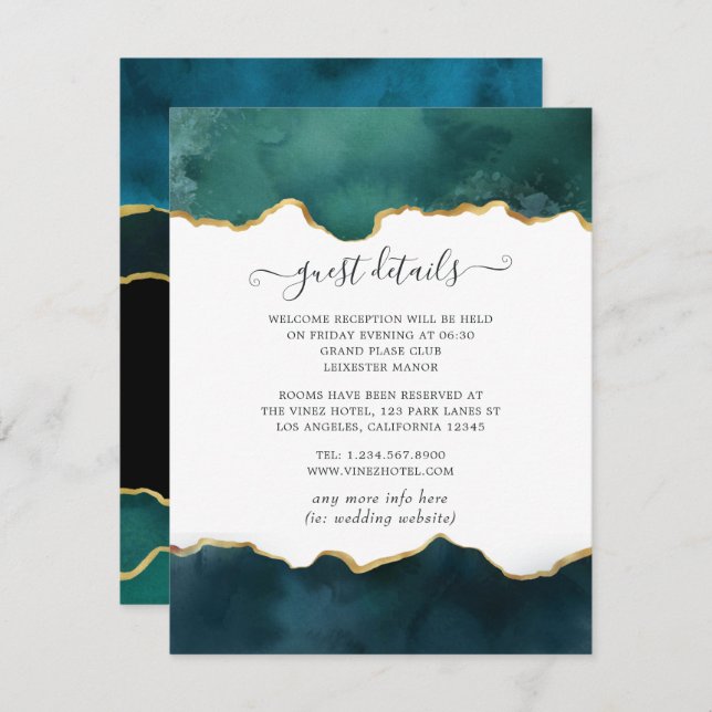 Teal and Gold Agate Wedding Guest Details Enclosure Card (Front/Back)