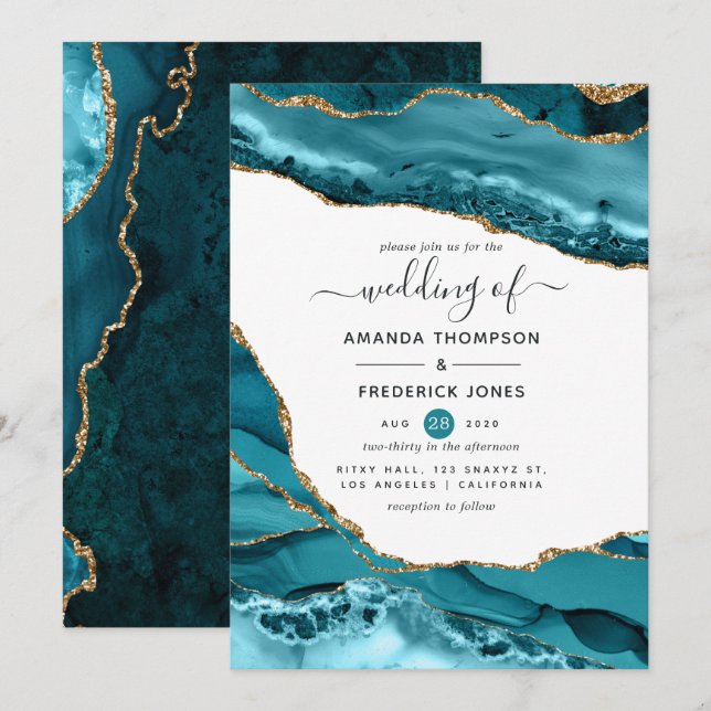 Teal and Gold Agate Wedding Invitation (Front/Back)
