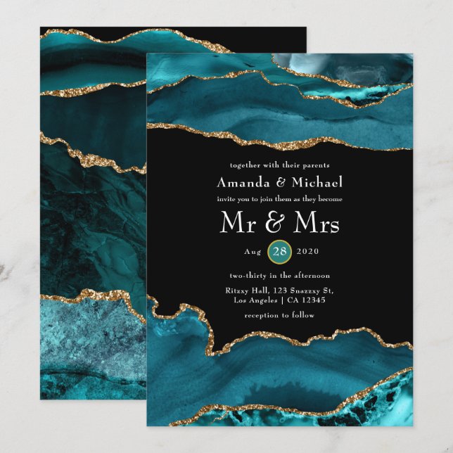 Teal and Gold Agate Wedding Invitation (Front/Back)