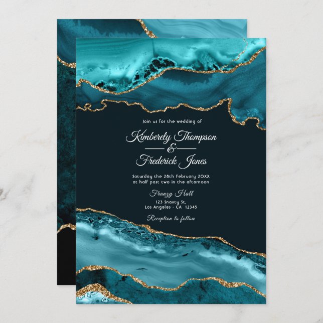 Teal and Gold Agate Wedding Invitation (Front/Back)