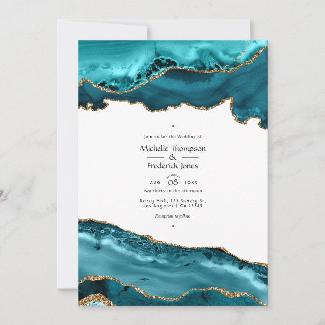 Teal and Gold Agate Wedding Invitation (Front)