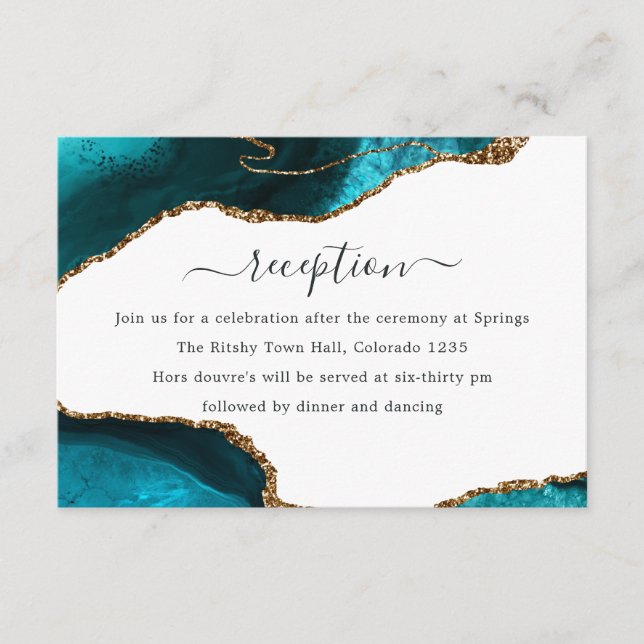 Teal and Gold Agate Wedding Reception Enclosure Card (Front)