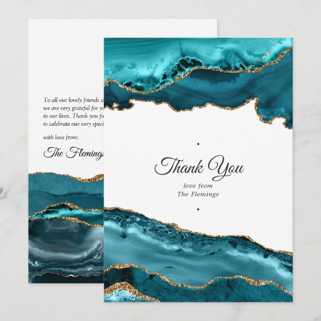 Teal and Gold Agate Wedding Thank You Card (Front/Back)