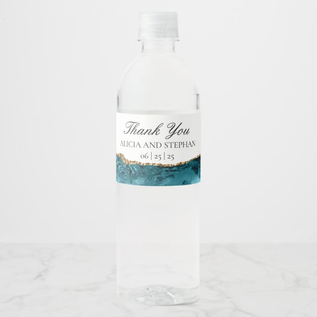 Teal and Gold Agate Wedding Water Bottle Labels (Front)