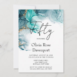 Teal and Gold Alcohol Ink 50th Birthday Party Invitation