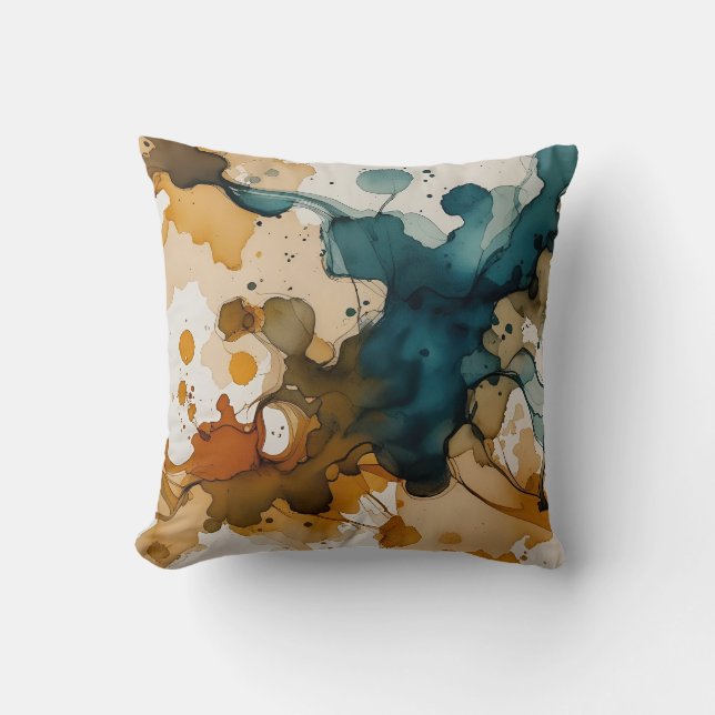 Teal and Gold Alcohol Ink Abstract Cushion (Front)