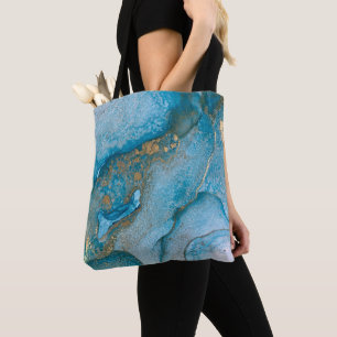 Teal and Gold Alcohol Ink Abstract Liquid Art Tote Bag