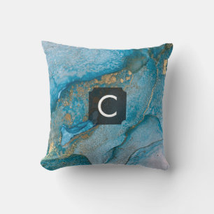 Teal and Gold Alcohol Ink Liquid Art Monogrammed Cushion