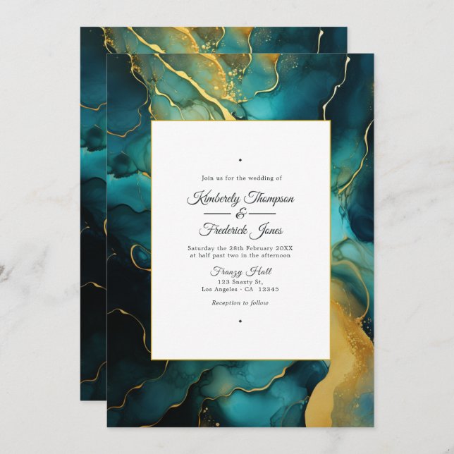 Teal and Gold Alcohol Ink Wedding Invitation (Front/Back)