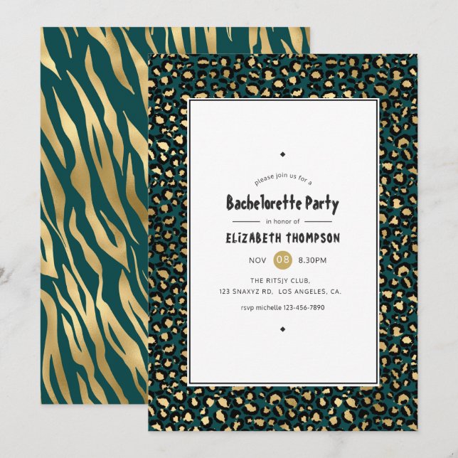 Teal and Gold Animal Print Bachelorette Party Invitation (Front/Back)