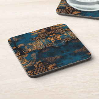 Teal and Gold Antique Boho Geometric Tile Coaster