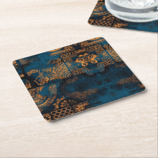 Teal and Gold Antique Boho Geometric Tile Square Paper Coaster