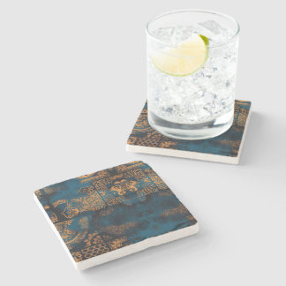 Teal and Gold Antique Boho Geometric Tile Stone Coaster
