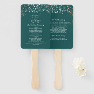 Teal and Gold   Baby's Breath Wedding Program Hand Fan