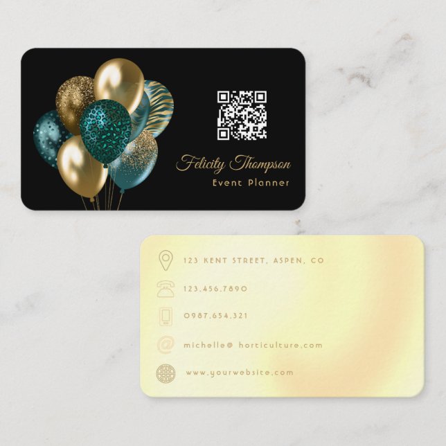 Teal and Gold Balloons Event Planner QR Code Business Card (Front/Back)