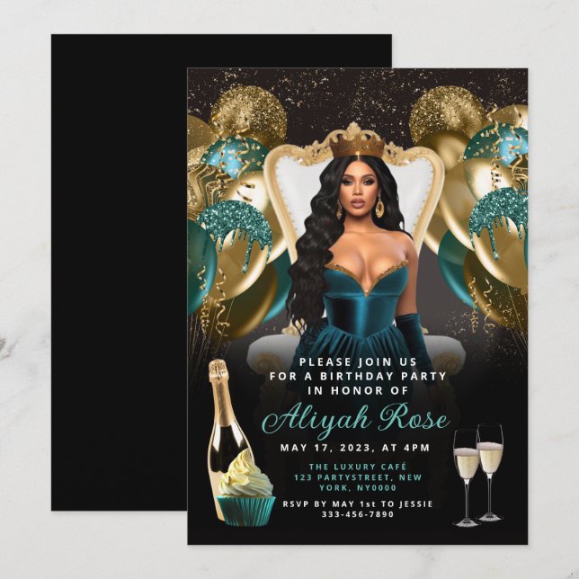 Teal and Gold Balloons Royal Birthday Invitation (Front/Back)