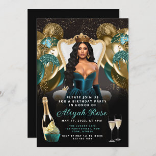 Teal and Gold Balloons Royal Birthday Invitation