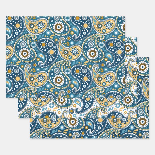 Teal and Gold Bohemian Paisley Print Pattern Wrapping Paper Sheet (Set)