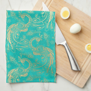 Teal and gold boho elegant peacock pattern  tea towel