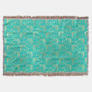 Teal and gold boho elegant peacock pattern  throw blanket