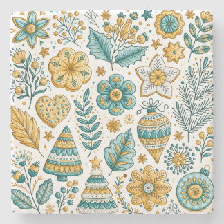 Teal and Gold Botanical Christmas Collection Stone Coaster