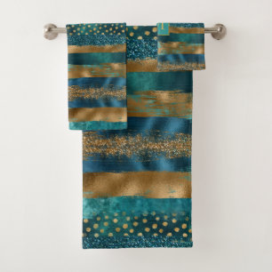 Teal and gold brush strokes and monogram bath towel set