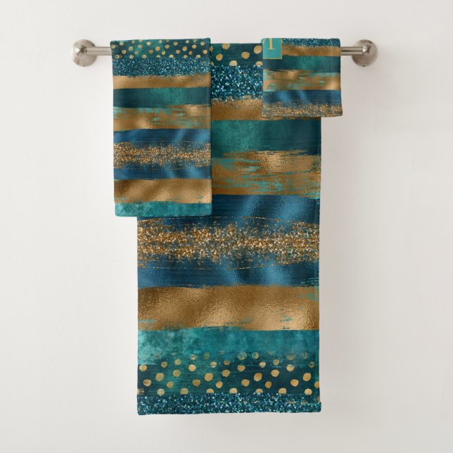 Teal and gold brush strokes and monogram bath towel set (Insitu)