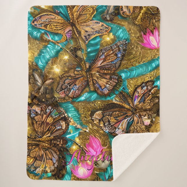Teal and Gold Butterflies Personalised Name Sherpa Blanket (Front)