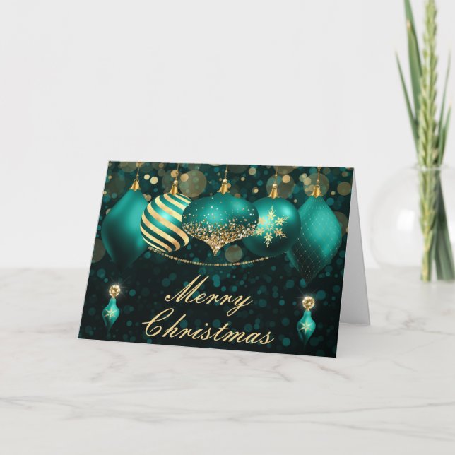 Teal and Gold Christmas Baubles Ornaments Holiday Card (Front)