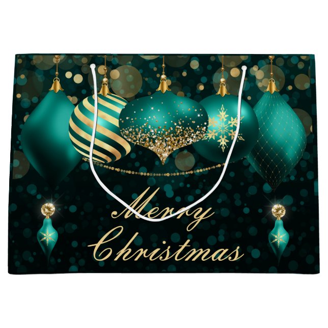 Teal and Gold Christmas Baubles Ornaments  Large Gift Bag (Front)