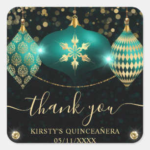 Teal and Gold Christmas Baubles Quinceanera Square Sticker