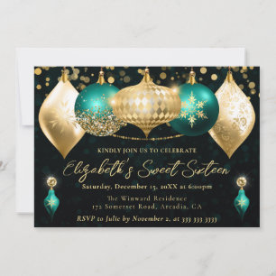 Teal and Gold Christmas Baubles Sweet 16 Invitation