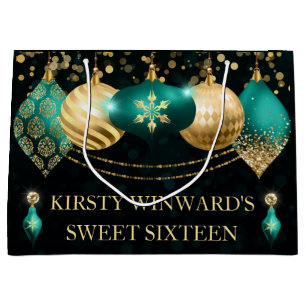 Teal and Gold Christmas Baubles Sweet 16 Large Gift Bag