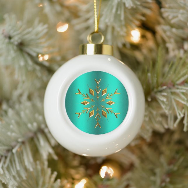 Teal and Gold Christmas Ceramic Ball Christmas Ornament (Tree)