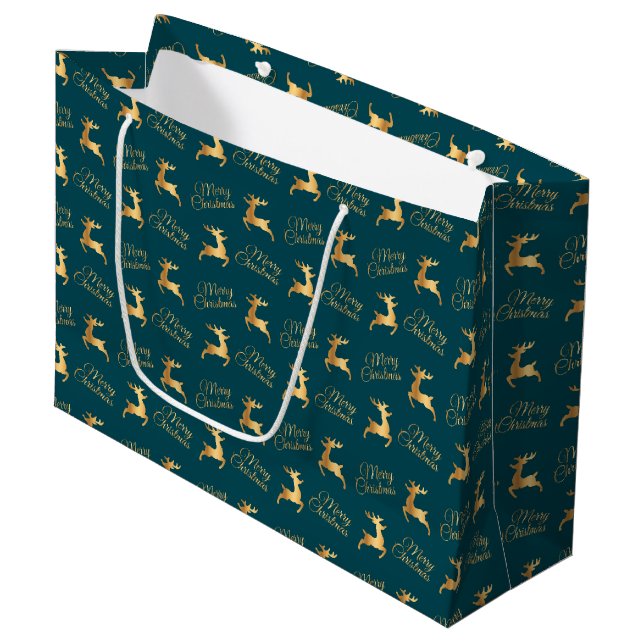 Teal and Gold Christmas Reindeers Large Gift Bag (Front Angled)
