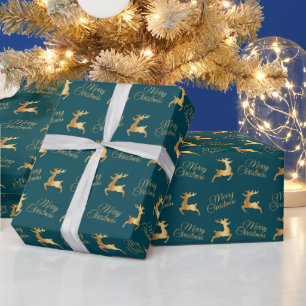Teal and Gold Christmas Reindeers Wrapping Paper