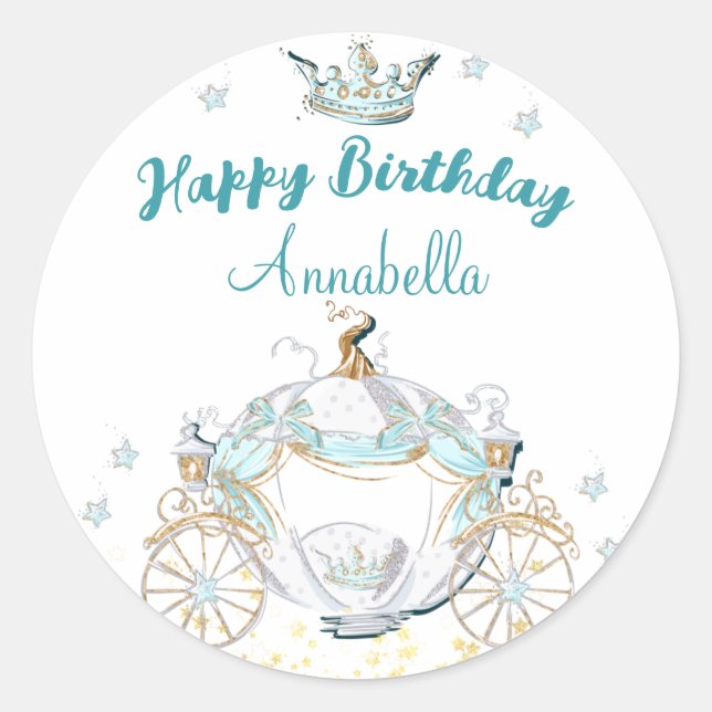 Teal and Gold Cinderella Princess Carriage Classic Round Sticker (Front)