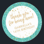 Teal and Gold Confetti Glitter Thank You Favour Classic Round Sticker<br><div class="desc">Turquoise Teal and Gold Confetti sparkly and glitter personalised thank you favour stickers for a fun and girly birthday party. All text is editable and they are perfect for a girl's 1st 5th, or 8th birthday, or a big girl's 13th 15th sweet 16th, 18th or 21st birthday or graduation. The...</div>