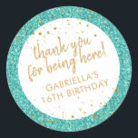 Teal and Gold Confetti Glitter Thank You Favour Classic Round Sticker<br><div class="desc">Turquoise Teal and Gold Confetti sparkly and glitter personalised thank you favour stickers for a fun and girly birthday party. All text is editable and they are perfect for a girl's 1st 5th, or 8th birthday, or a big girl's 13th 15th sweet 16th, 18th or 21st birthday or graduation. The...</div>