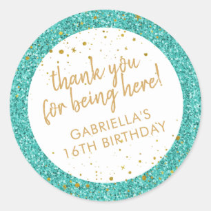 Teal and Gold Confetti Glitter Thank You Favour Classic Round Sticker