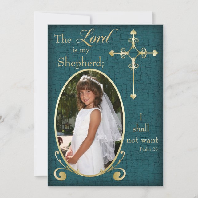 Teal and Gold Cross Photo Communion Announcement (Front)